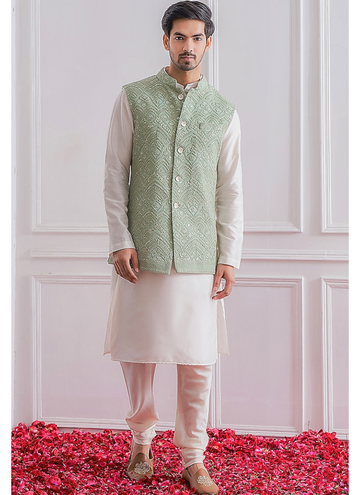 Silk Material Sequence Work White Kurta With Pista Green Jacket